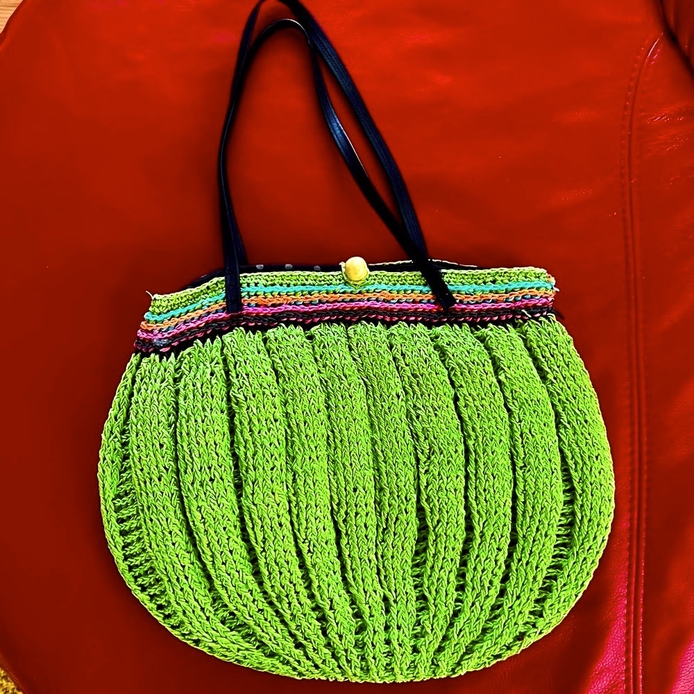 Maggi B Woven Straw Shoulder Bag Tote Striped Accent Spring Green